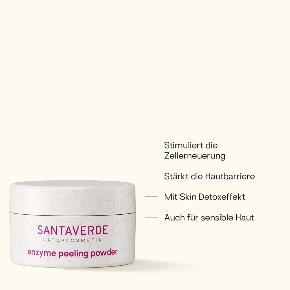 Dose mit SANTAVERDE enzyme peeling powder. Text: Stimuliert Zellerneuerung, stärkt Hautbarriere, Skin Detoxeffekt.