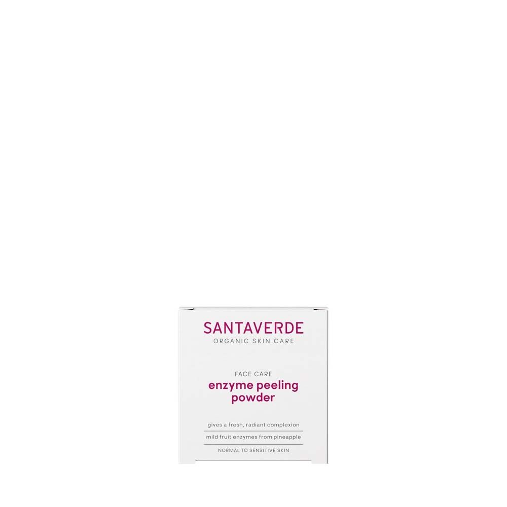 Karton mit SANTAVERDE enzyme peeling powder. Text: Face Care, gibt einen frischen Teint.