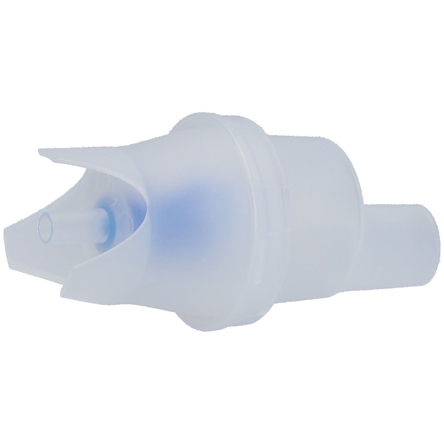 Vernebler-Set. Mundstück aus durchsichtigem Kunststoff. Blaue Komponente im Inneren sichtbar. Zylindrischer Anschluss.