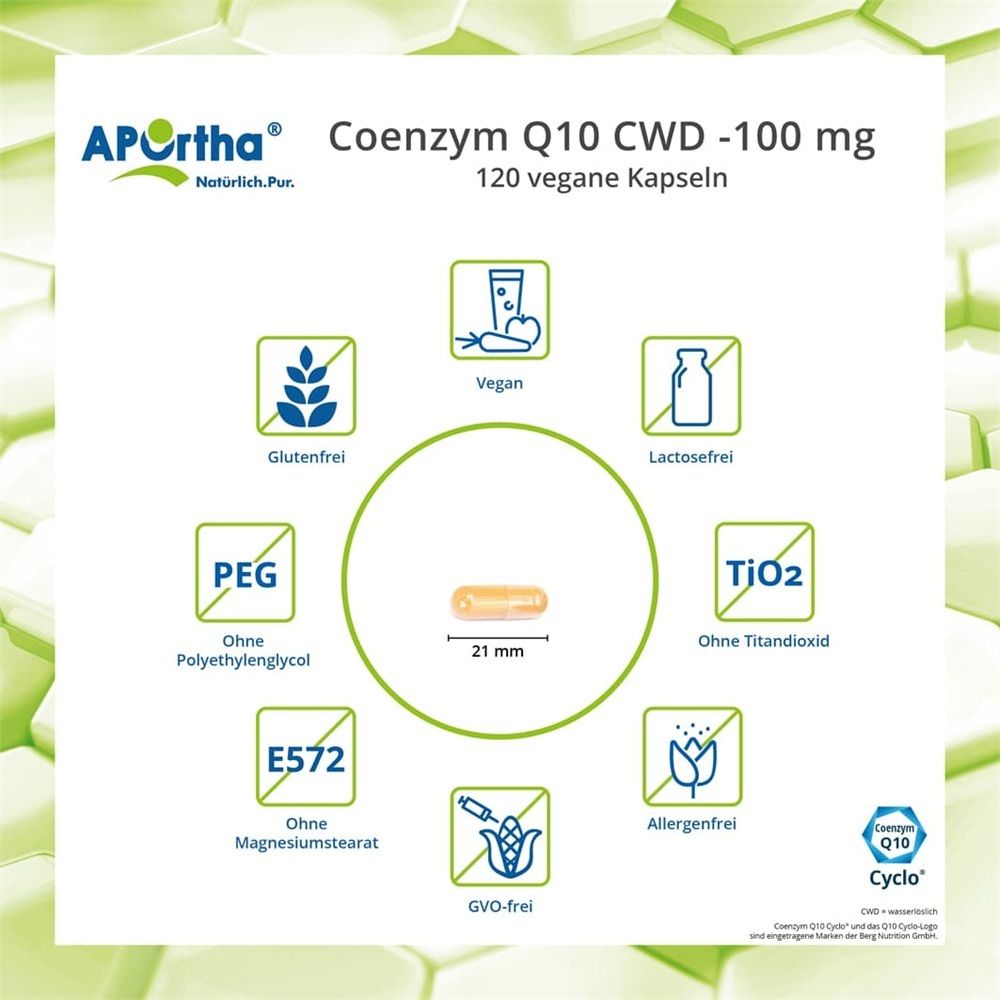 APOrtha Coenzym Q10 Cyclo 100 mg: Vegan, glutenfrei, laktosefrei, ohne PEG, TiO2, Magnesiumstearat.