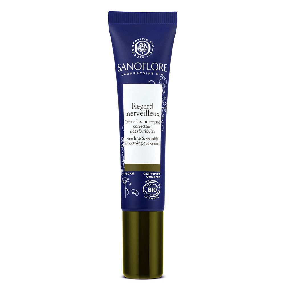 Blaue Tube mit Augencreme. Text: Sanoflore, Regard merveilleux. Bio-Zertifizierung.