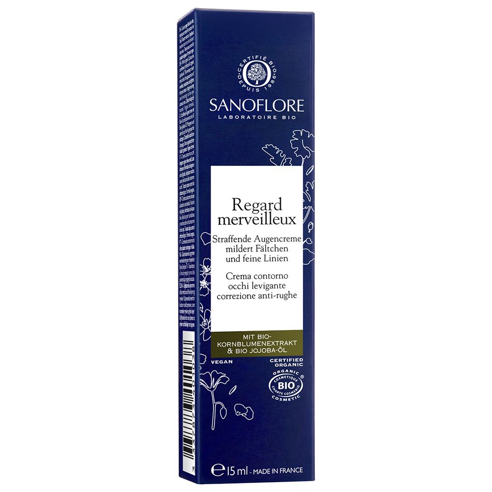Blaue Schachtel. Text: Sanoflore, Regard merveilleux. Augencreme. Bio-Zertifizierung.