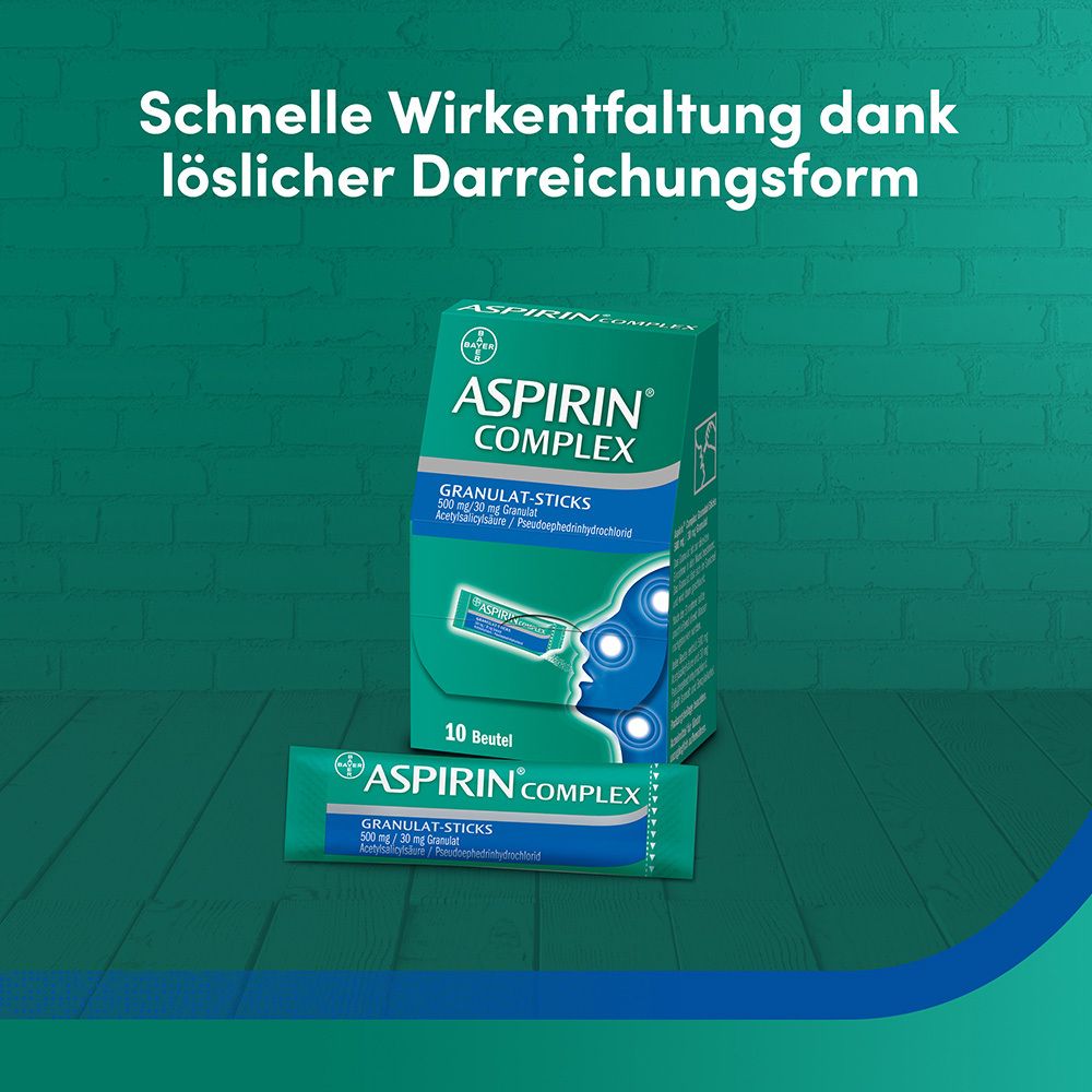 Produkt: Aspirin Complex Granulat-Sticks. Packung und Stick. Text: Schnelle Wirkentfaltung dank löslicher Darreichungsform.