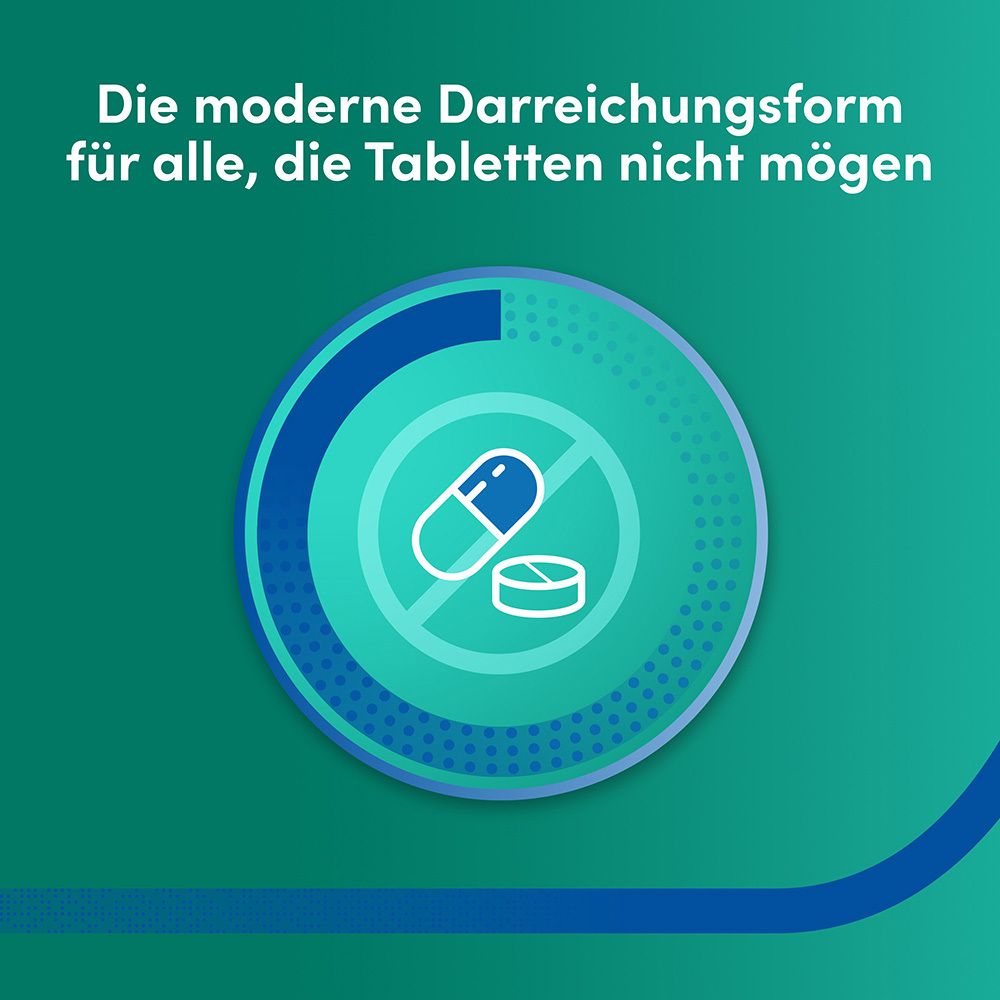 Grafik: Tablette durchgestrichen. Text: Die moderne Darreichungsform für alle, die Tabletten nicht mögen.