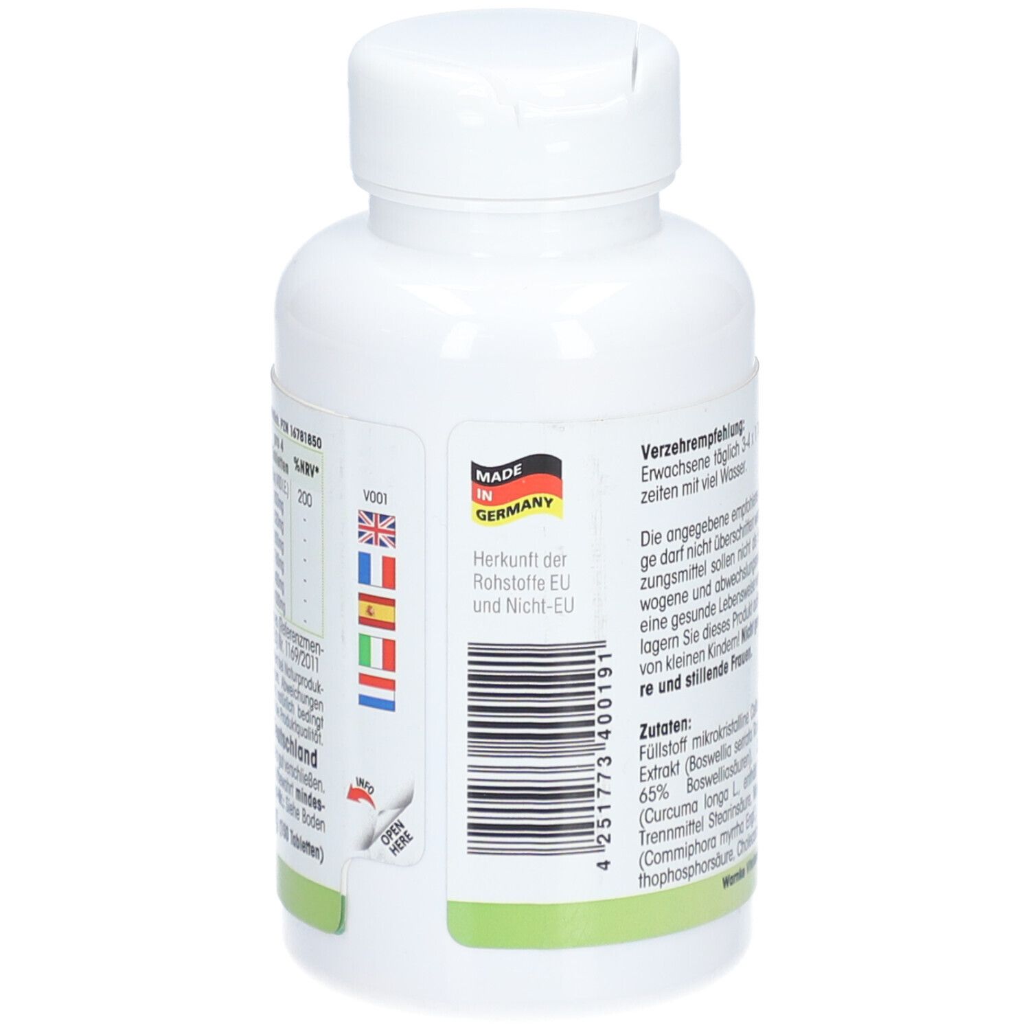 Rückseite der weißen Flasche mit Barcode und Herkunftsland-Kennzeichnung "Made in Germany".