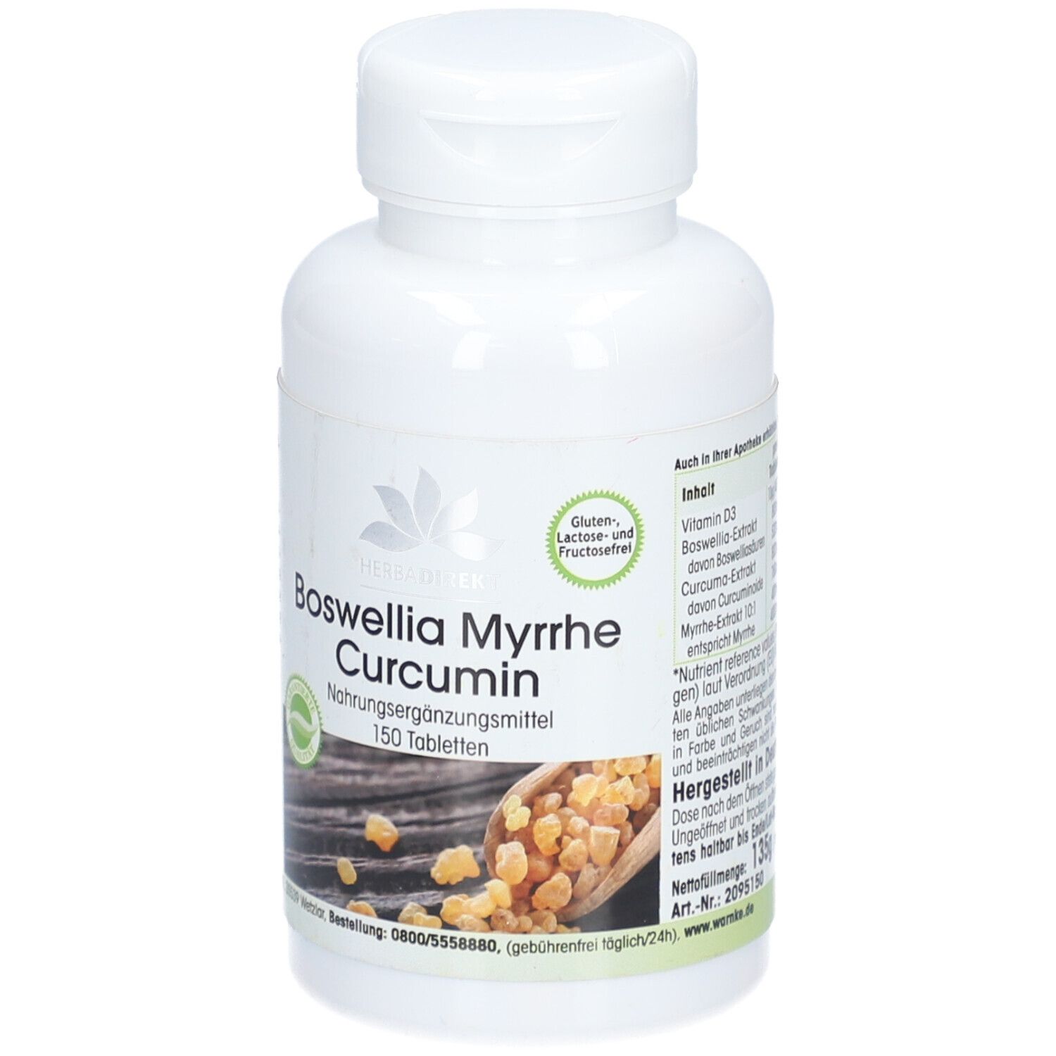 Weiße Flasche mit "Boswellia Myrrhe Curcumin" und 150 Tabletten. Gluten- und lactosefrei.