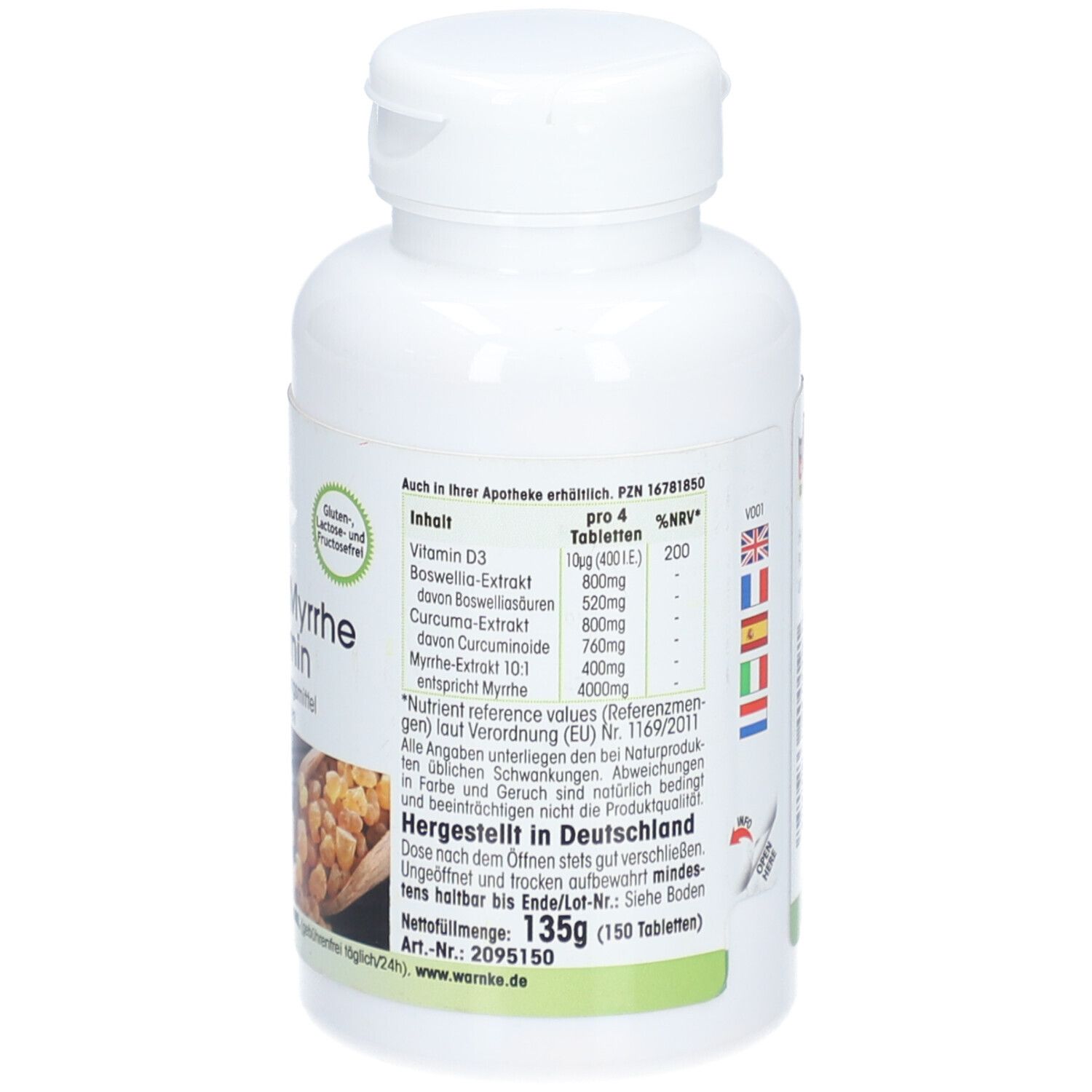 Rückseite der weißen Flasche mit Nährwertangaben. Gluten- und lactosefrei. 135g (150 Tabletten).