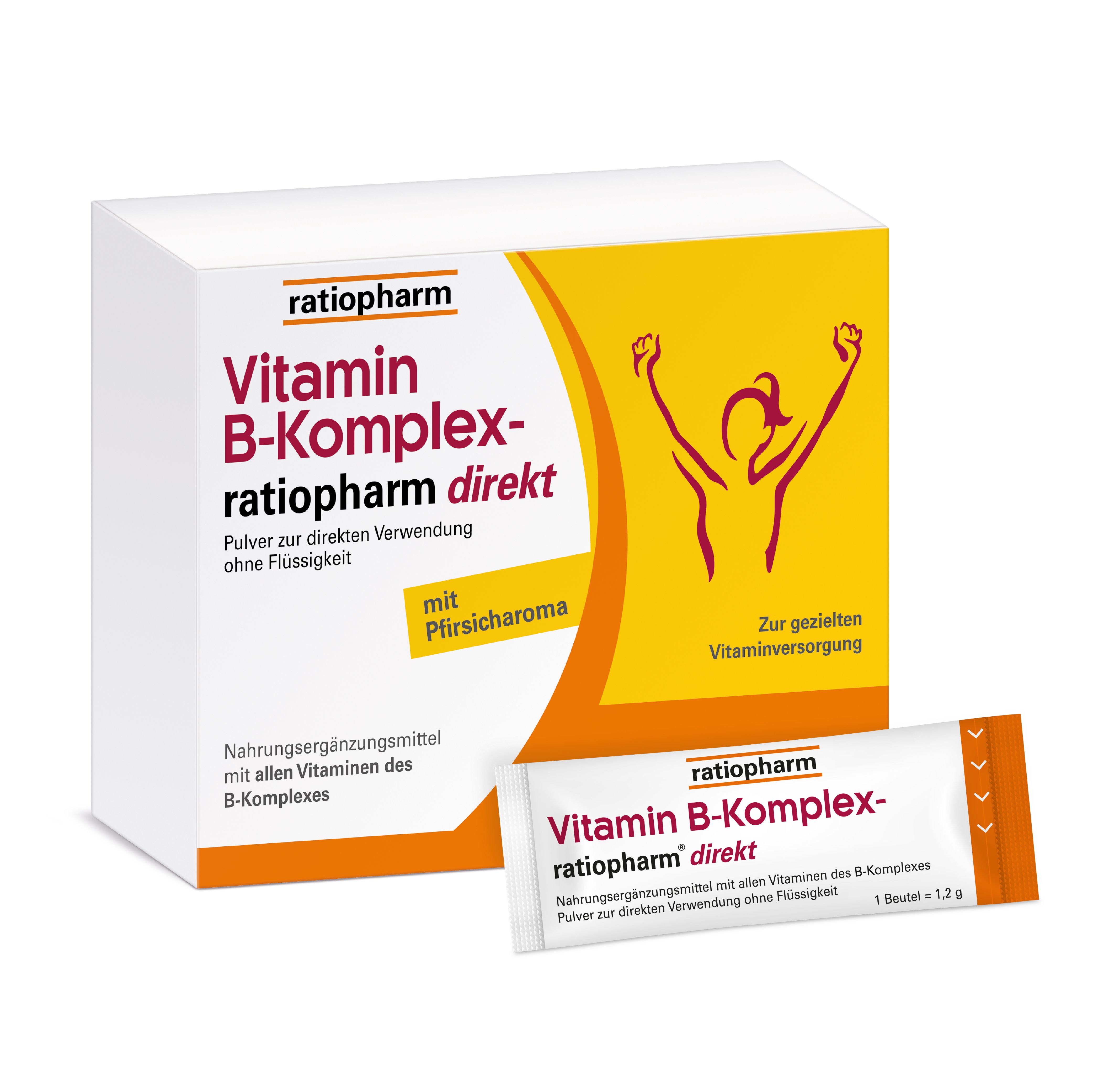 Weißer Karton mit Vitamin B-Komplex-Produkt. Einzelpackung daneben. Text: ratiopharm, Vitamin B-Komplex direkt.
