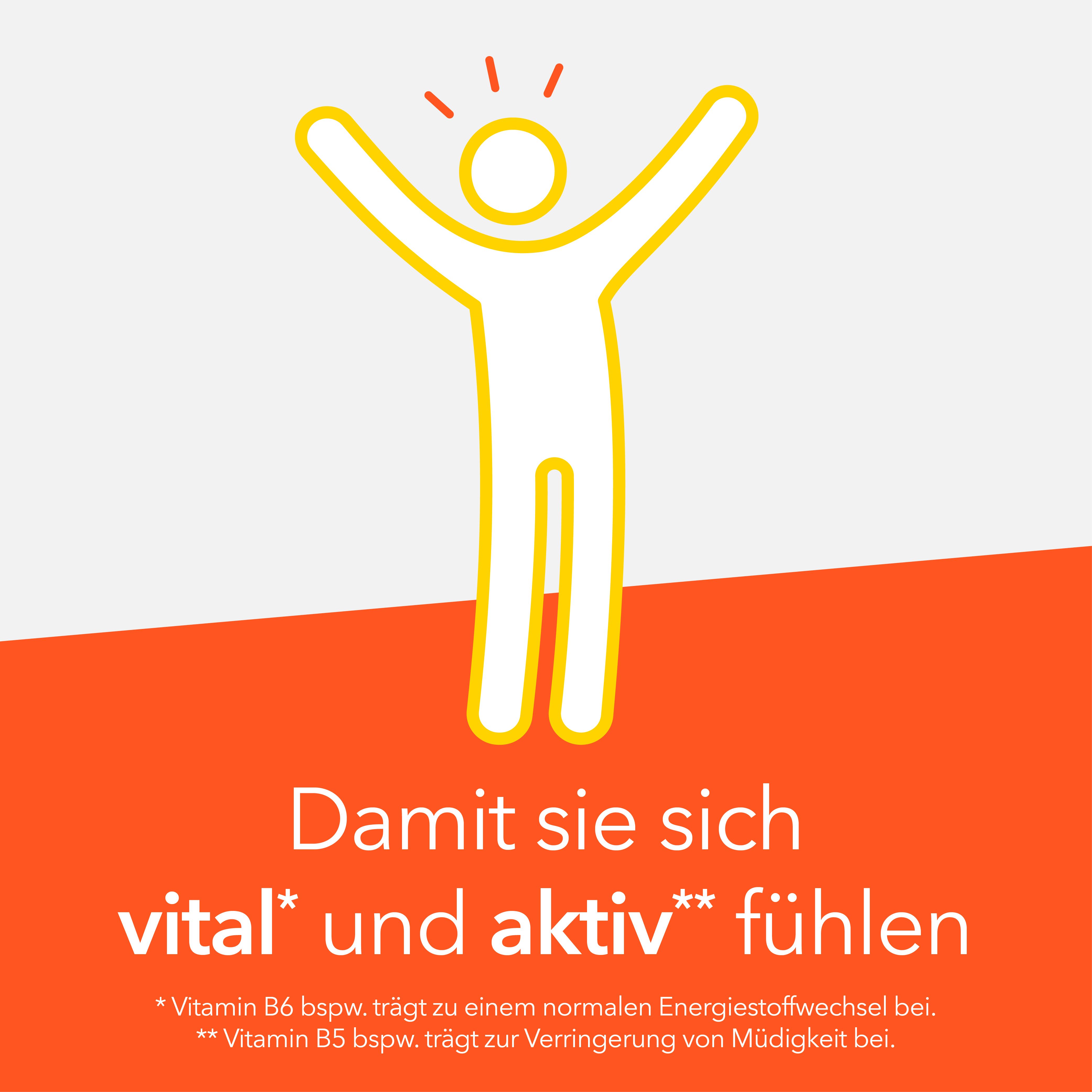 Gelbe Figur mit erhobenen Armen. Text: Damit Sie sich vital und aktiv fühlen.