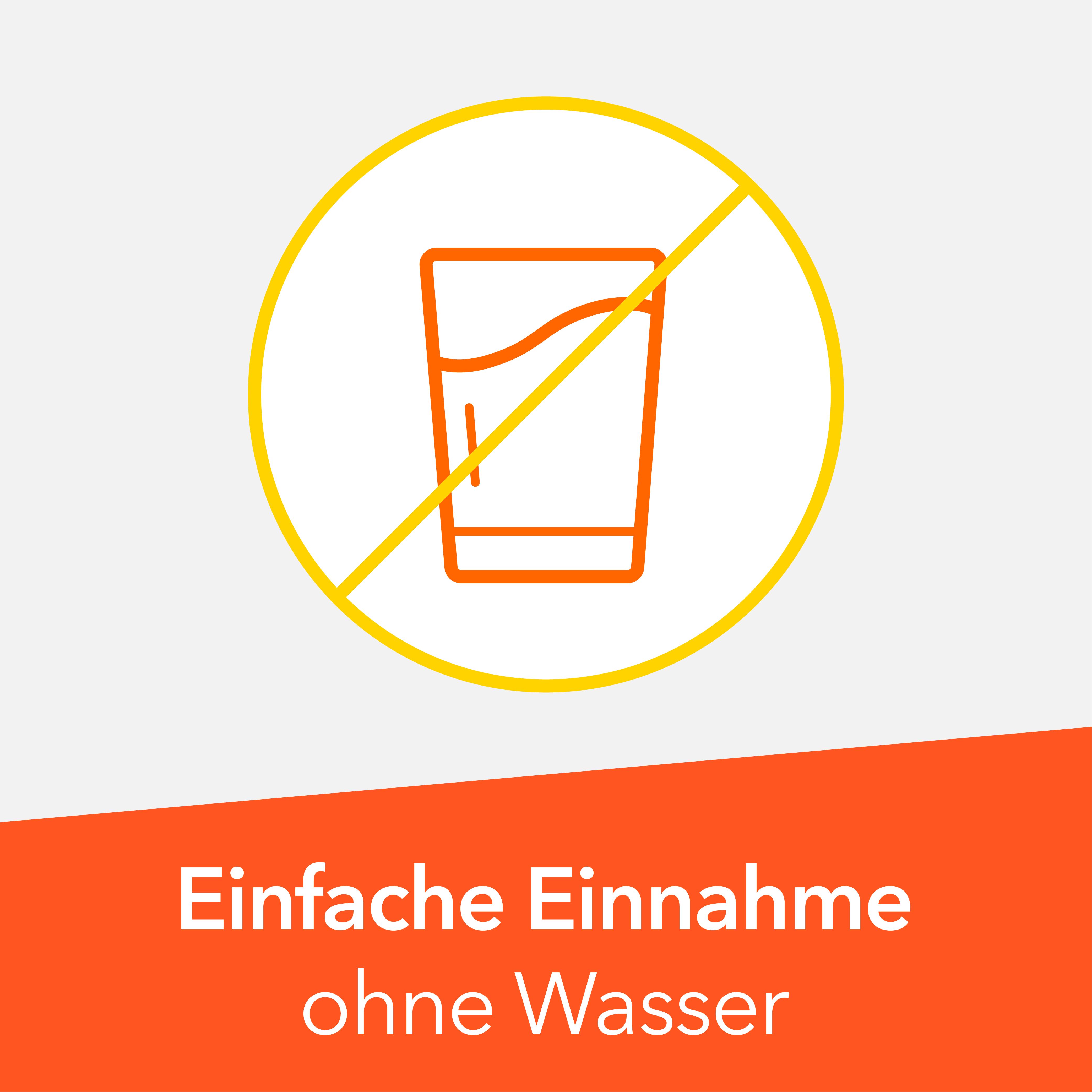 Symbol: Glas mit rotem Kreuz. Text: Einfache Einnahme ohne Wasser.