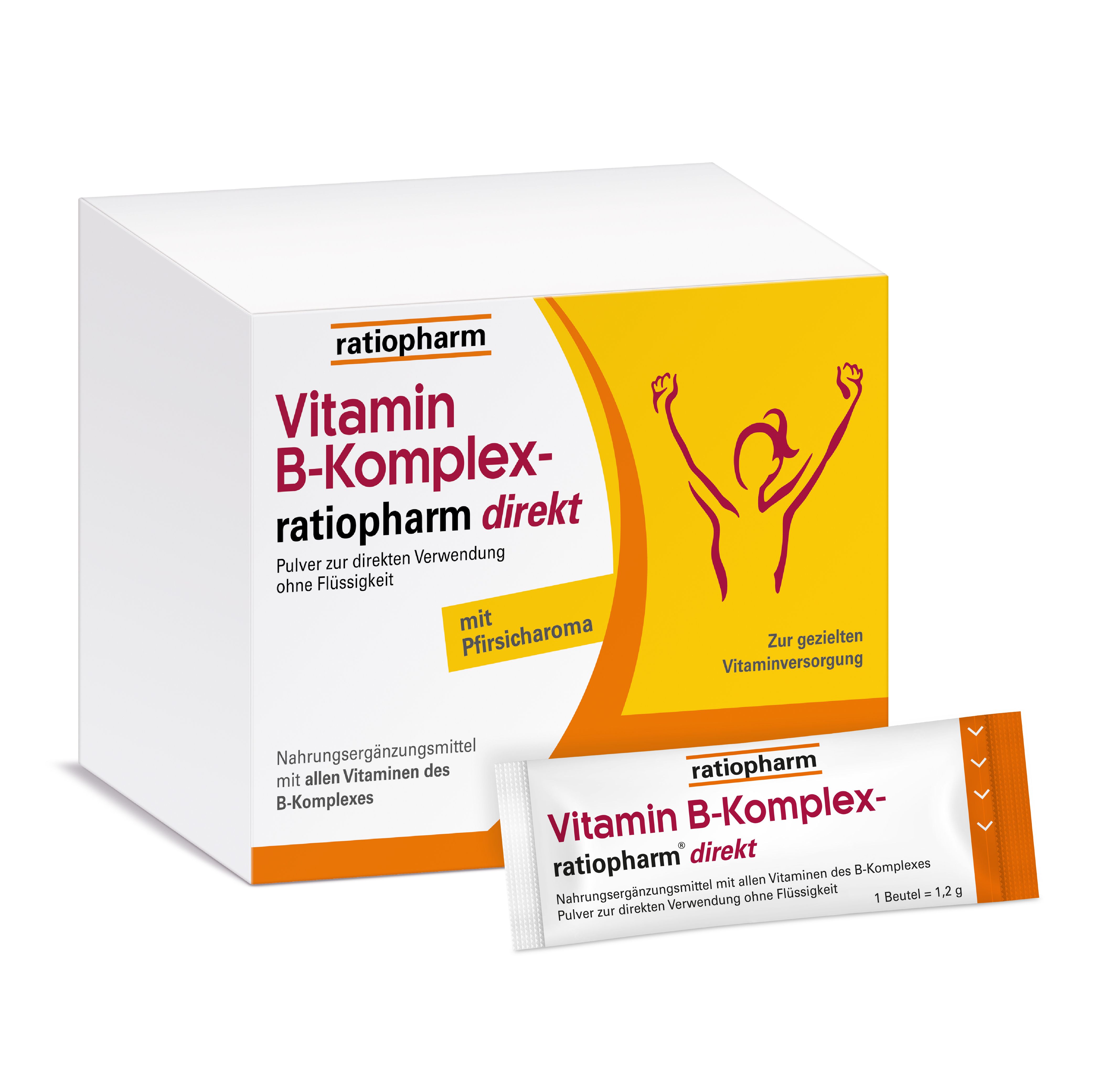Weiße Schachtel mit Vitamin B-Komplex-ratiopharm direkt. Einzelbeutel daneben. Gelber Hintergrund.