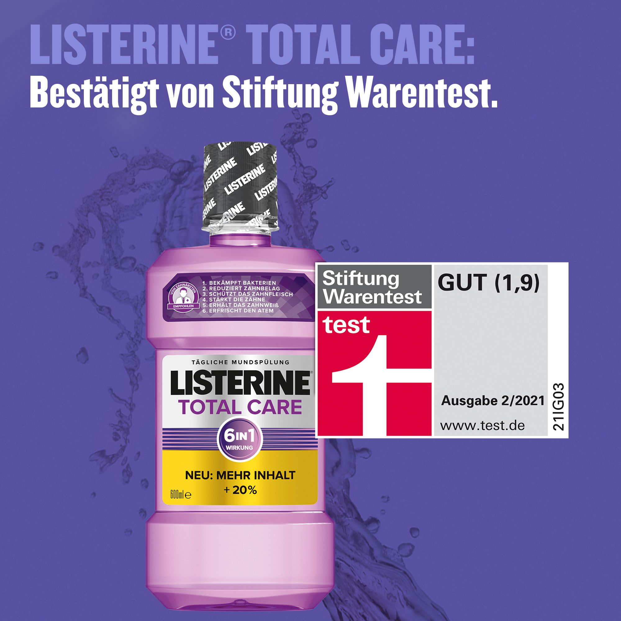 LISTERINE® Total Care Mundspülung. Bestätigt von Stiftung Warentest. Produktverpackung mit Test-Siegel.