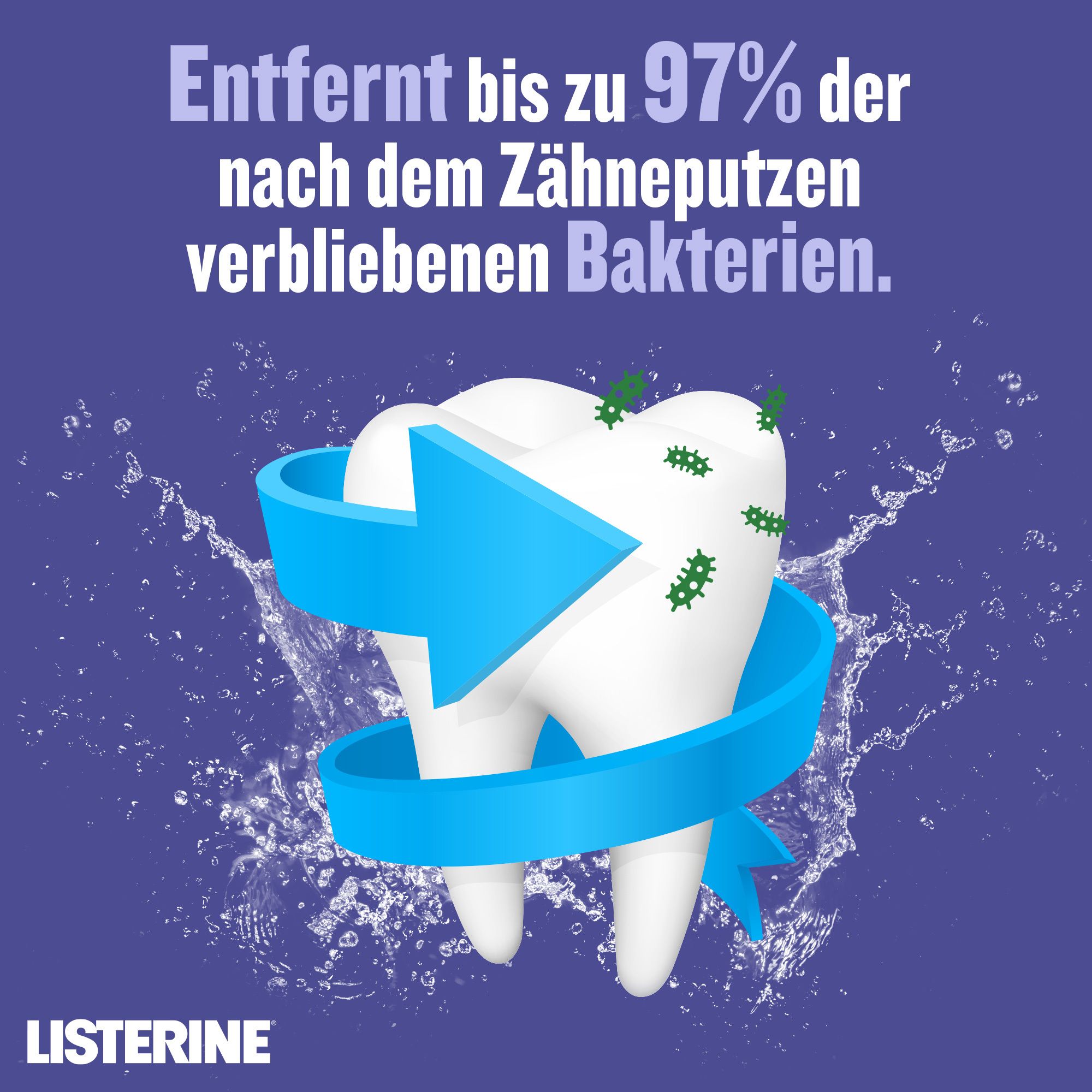 Zahn mit Pfeil und Bakterien. Text: Entfernt bis zu 97% der nach dem Zähneputzen verbliebenen Bakterien. LISTERINE® Logo.