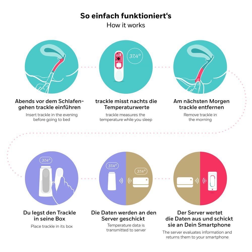 Lila Trackle Fruchtbarkeitsthermometer mit Zubehör und Funktionen.