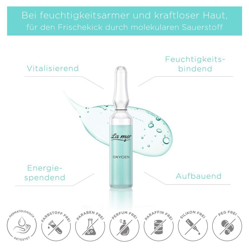 Ampulle neben Infografik. Text: Vitalisierend, Energiespendend, Feuchtigkeitsbindend, Aufbauend. Frei von: Parabenen, Parfum, Silikonen, PEG.