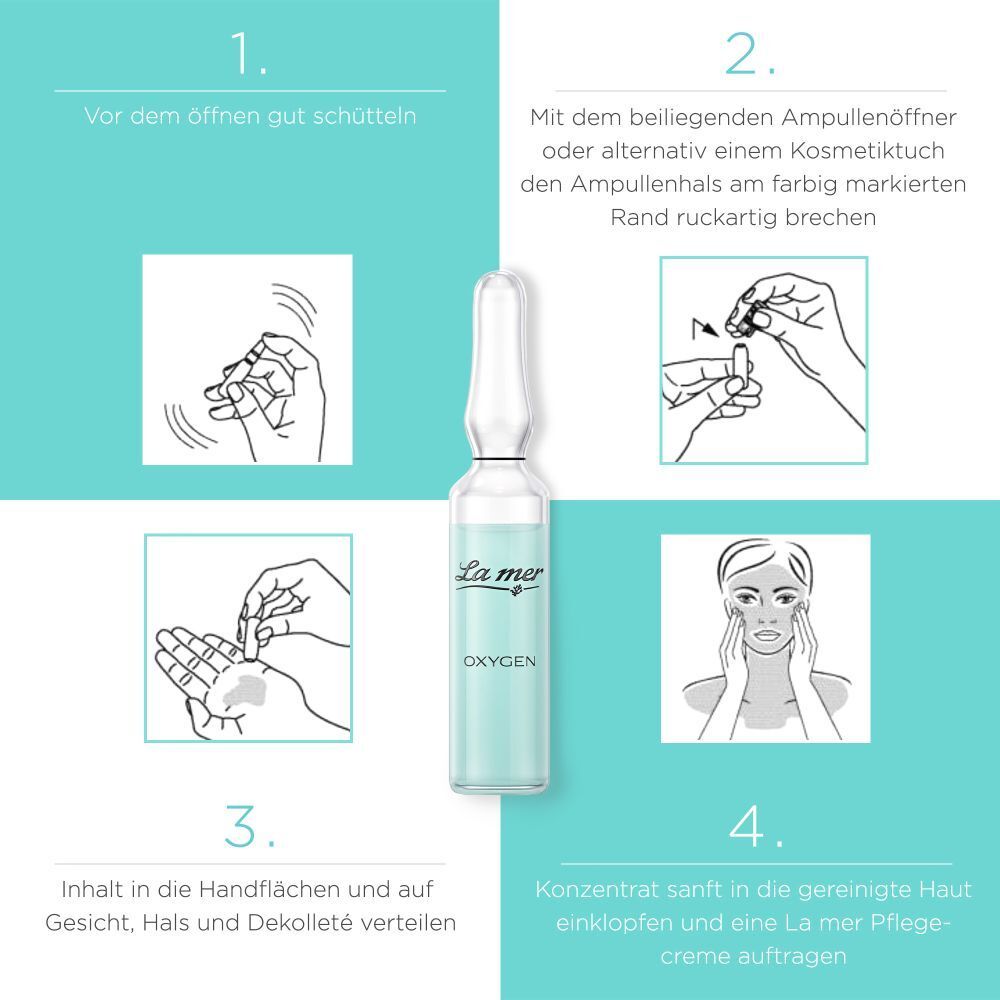 Anleitung zur Anwendung. 4 Schritte: Schütteln, Öffnen, Auftragen, Einklopfen. La mer, Oxygen.