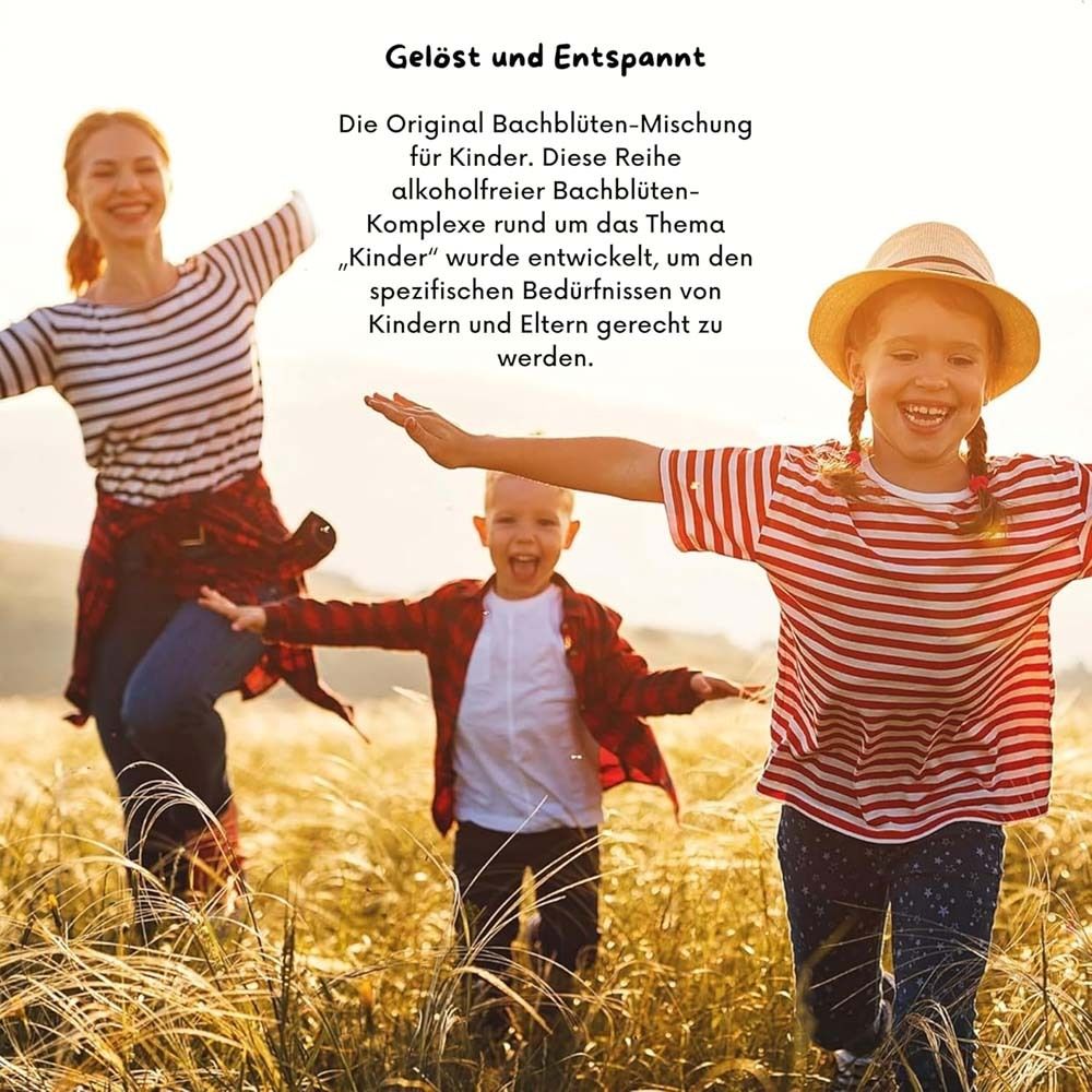Drei Personen auf einer Wiese. Text: Die Original Bachblüten-Mischung für Kinder. Reihe alkoholfreier Bachblüten-Komplexe.