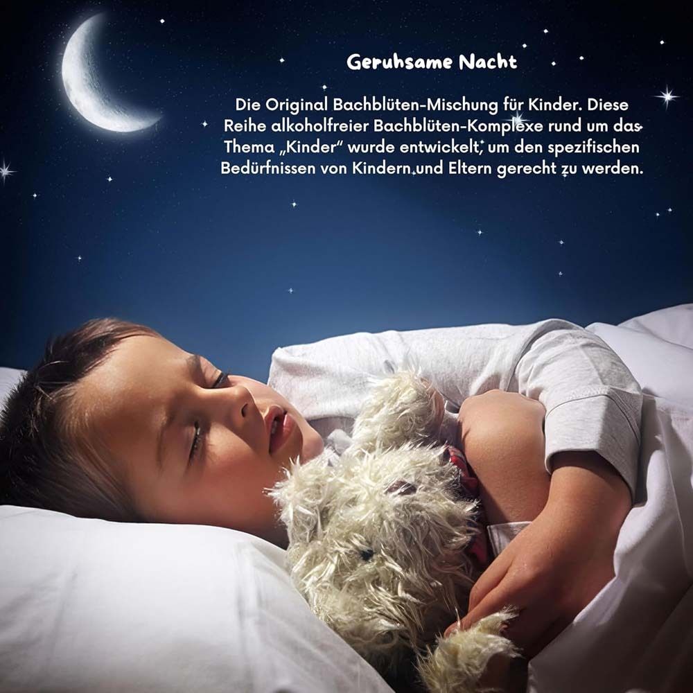 Kind schläft unter Sternenhimmel. Text: Geruhsame Nacht. Text: Die Original Bachblüten-Mischung für Kinder.