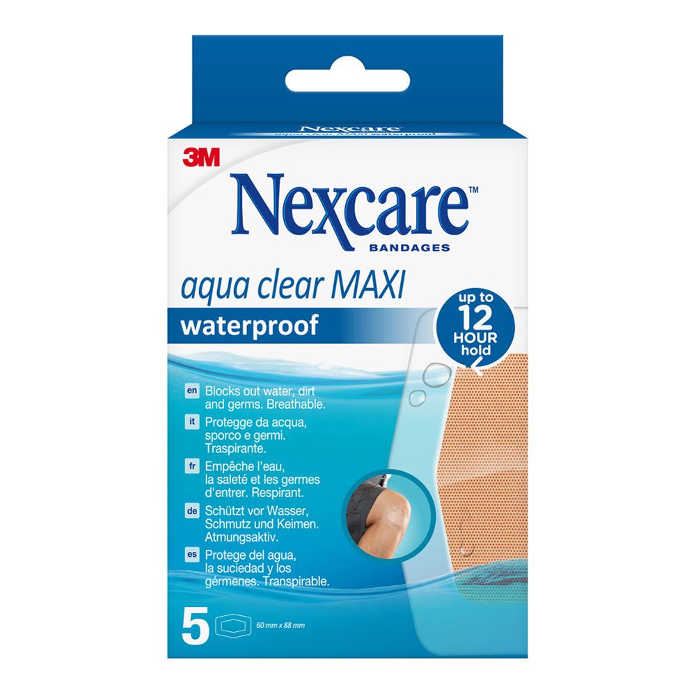 Verpackung Nexcare aqua clear MAXI, wasserdicht. 5 Pflaster. Größe 60 x 88 mm. Marke Nexcare.