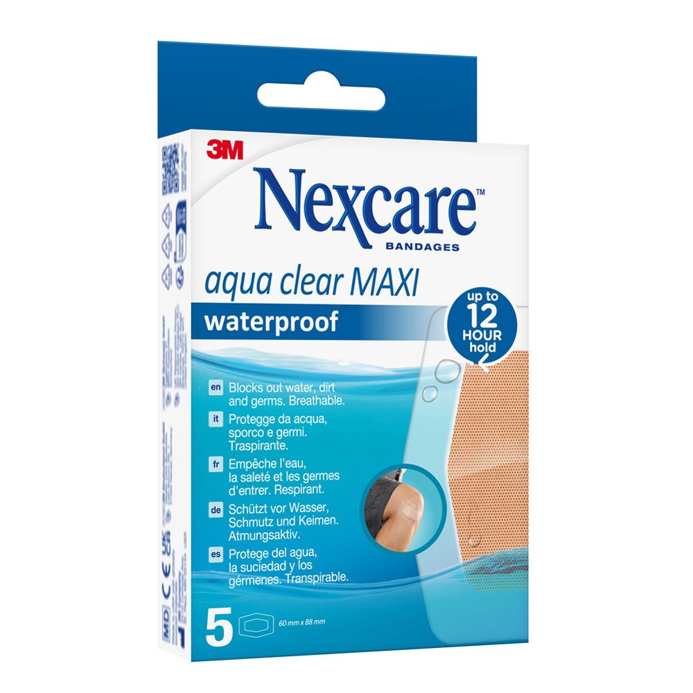 Verpackung Nexcare aqua clear MAXI, wasserdicht. 5 Pflaster. Größe 60 x 88 mm. Marke Nexcare.