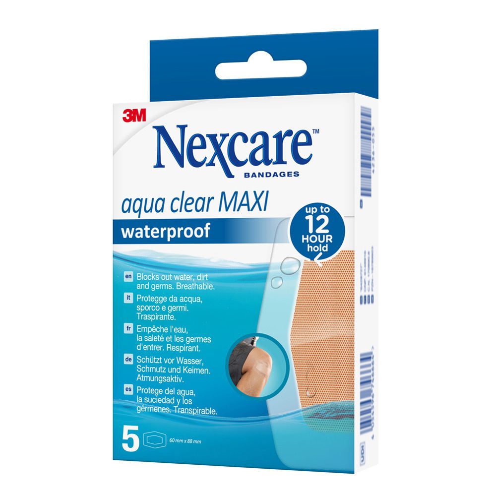 Verpackung Nexcare aqua clear MAXI, wasserdicht. 5 Pflaster. Größe 60 x 88 mm. Marke Nexcare.