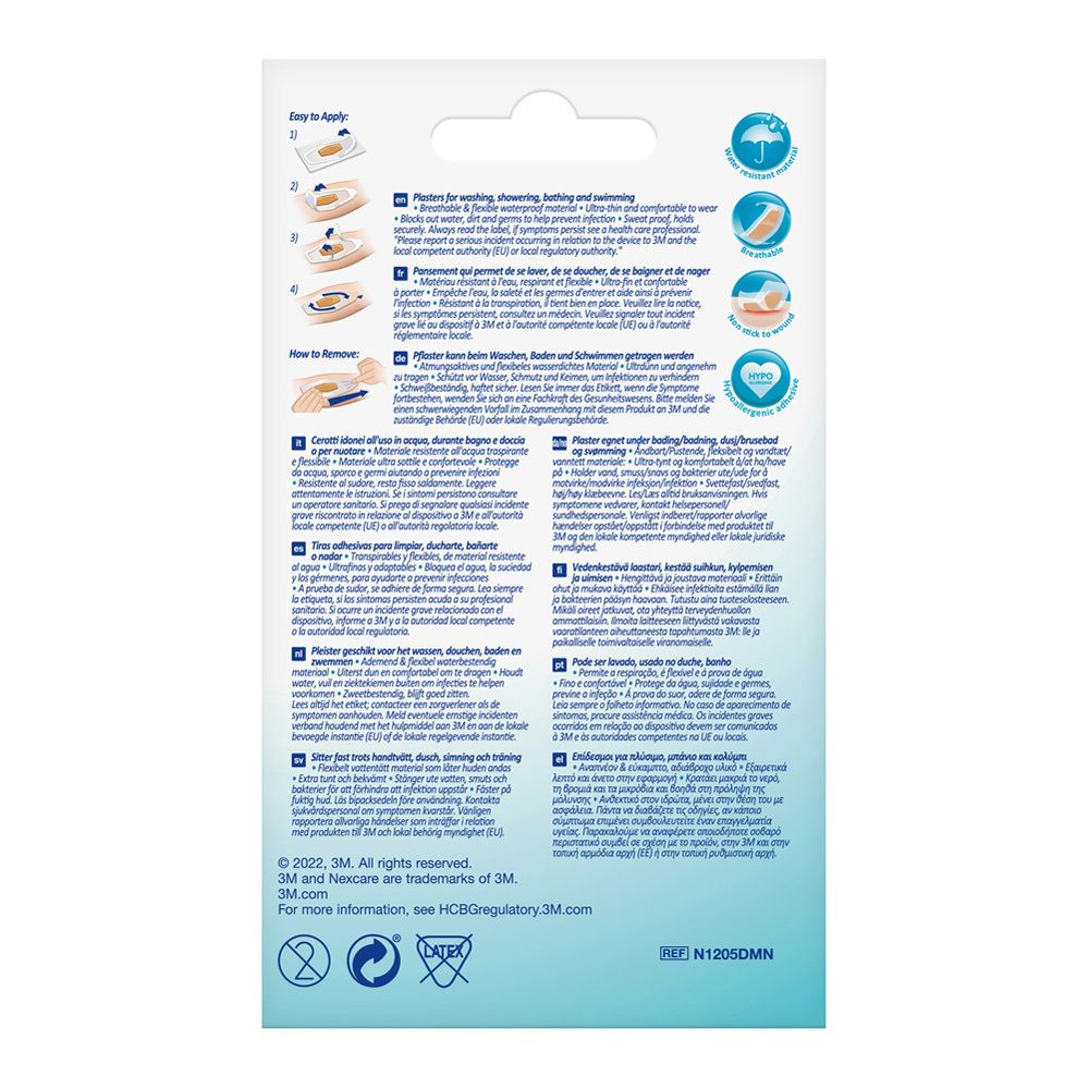 Rückseite der Verpackung. Informationen zu den Pflastern, Anweisungen und Symbole.