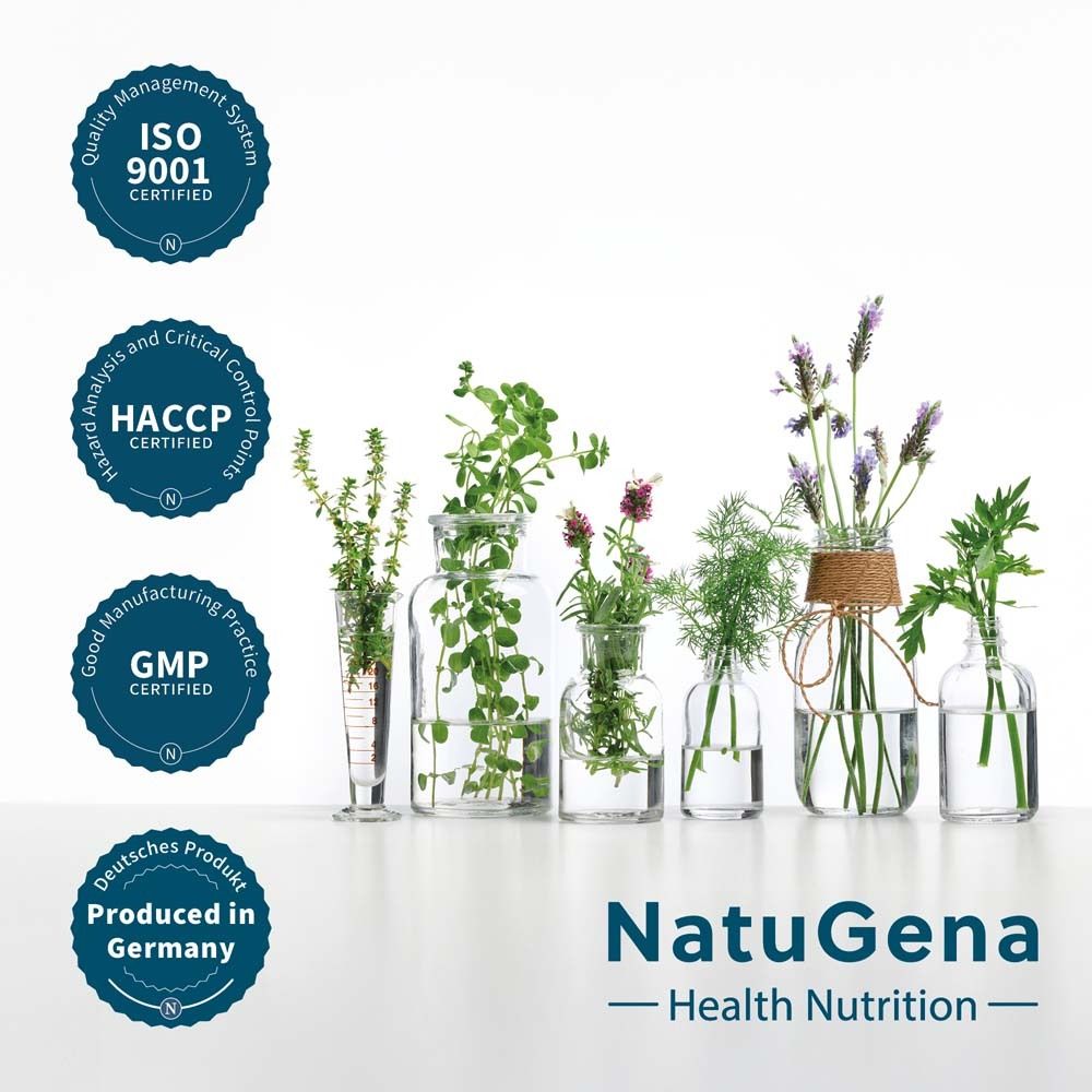 Zertifizierungen: ISO 9001, HACCP, GMP, Deutsches Produkt. NatuGena - Health Nutrition.