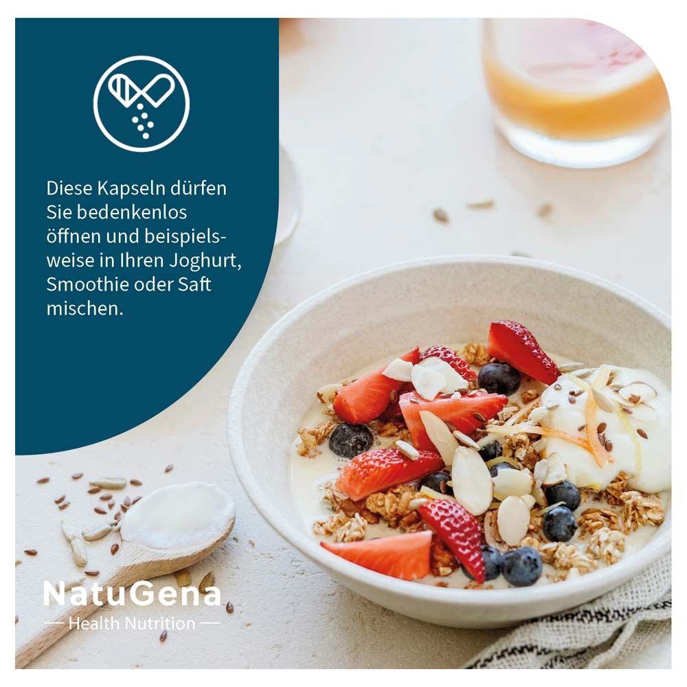 Schüssel mit Müsli, Beeren und Nüssen. Text: Kapseln können in Joghurt, Smoothie oder Saft gemischt werden.