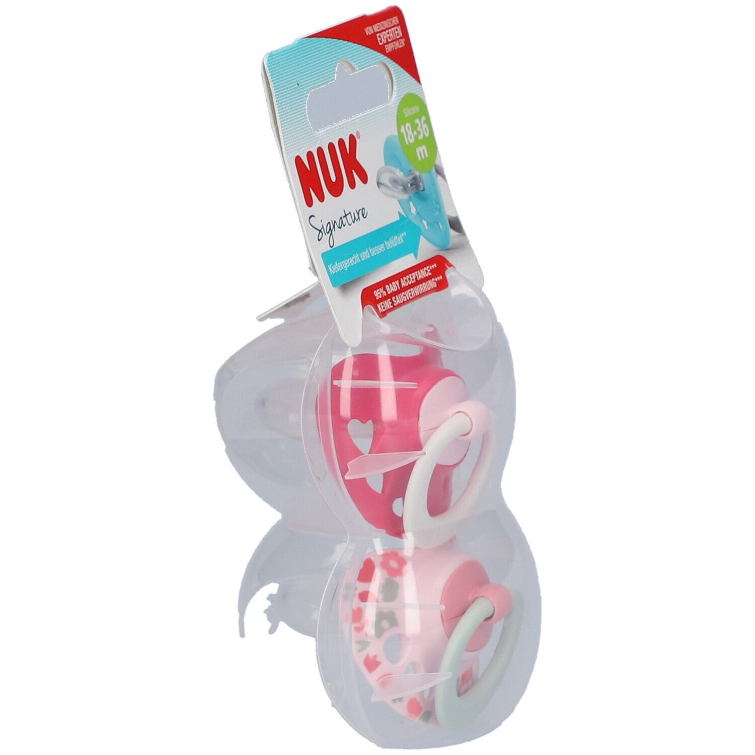 Zwei Schnuller in Verpackung. Rosa und hellrosa. NUK Signature. Für 18-36 Monate.
