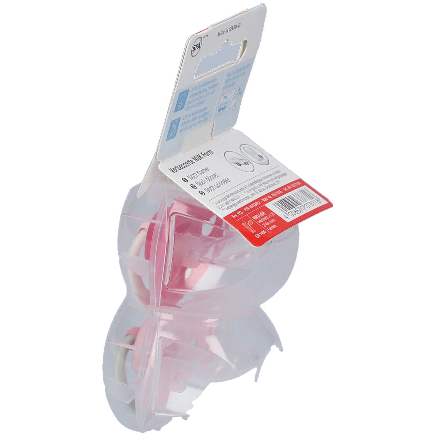 Seitenansicht der Verpackung. NUK Signature. Informationen und Logos.