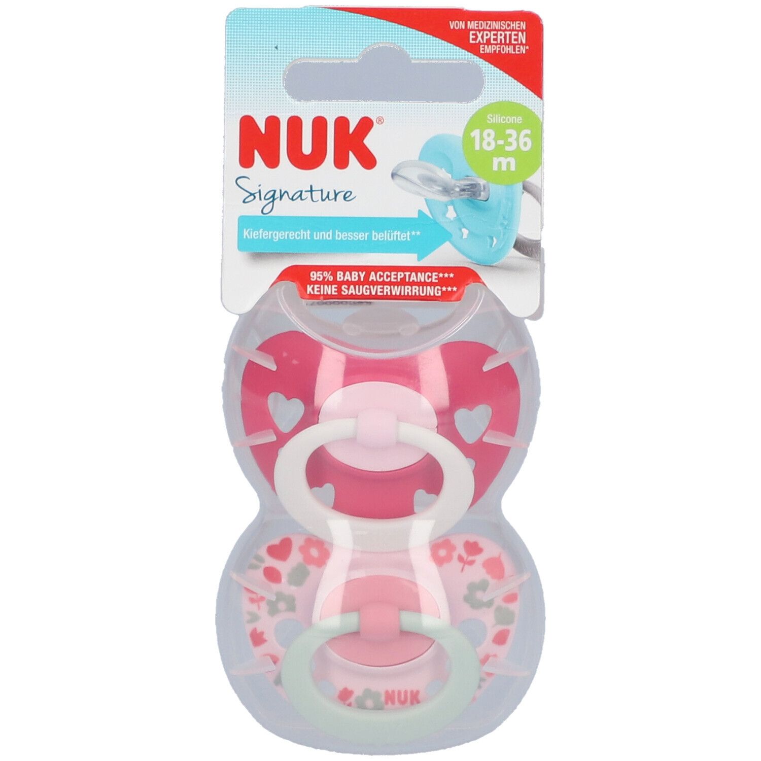 Zwei Schnuller in Verpackung. Rosa und hellrosa. NUK Signature. Für 18-36 Monate.
