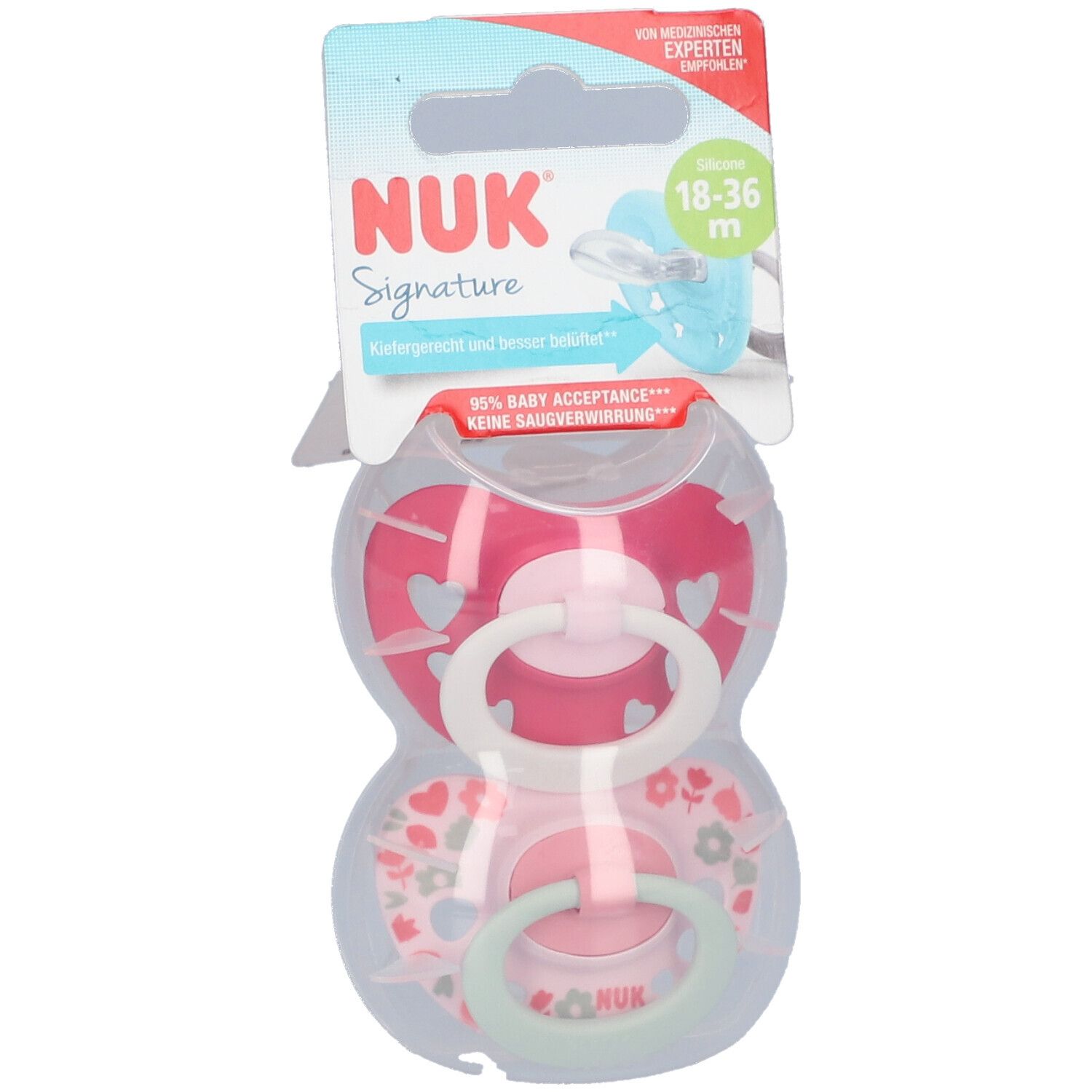 Zwei Schnuller in Verpackung. Rosa und hellrosa. NUK Signature. Für 18-36 Monate.