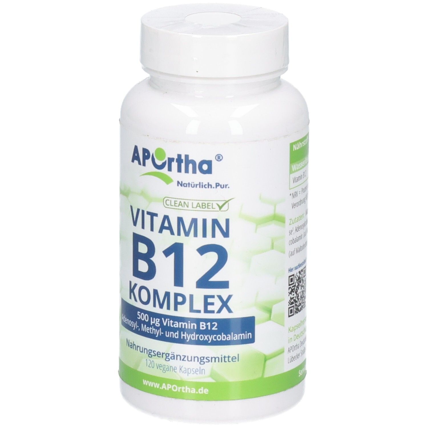 Vorderseite der Dose mit APOrtha Vitamin B12 Komplex Kapseln, 500 µg, 120 vegane Kapseln.