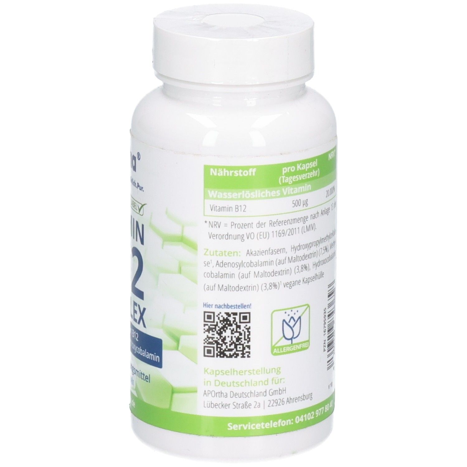 Detailansicht der Rückseite der Dose mit APOrtha Vitamin B12 Komplex Kapseln, Inhaltsstoffe und Siegel.