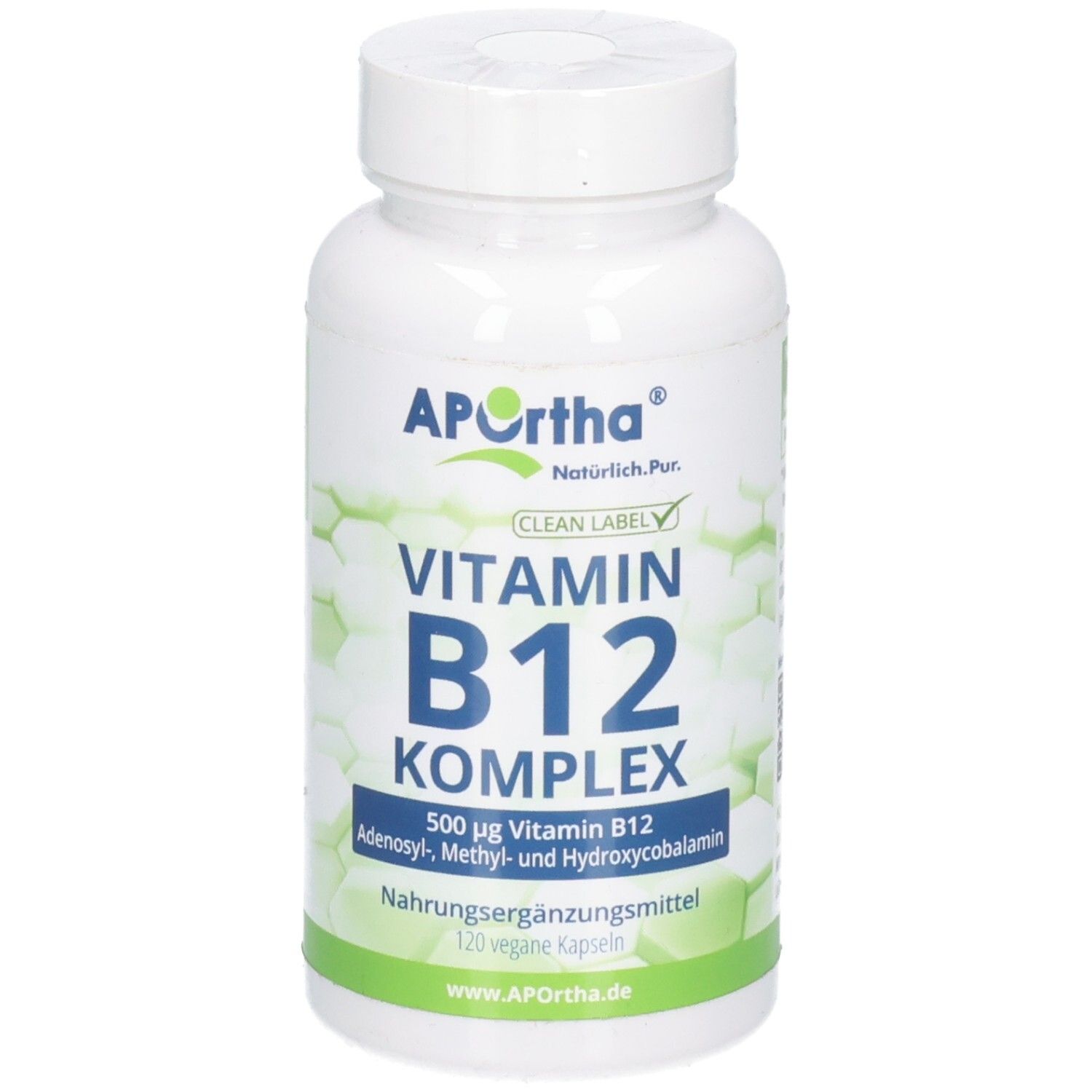 APOrtha Vitamin B12 Komplex Kapseln Dose, 500 µg, 120 vegane Kapseln, mit Website-Adresse.