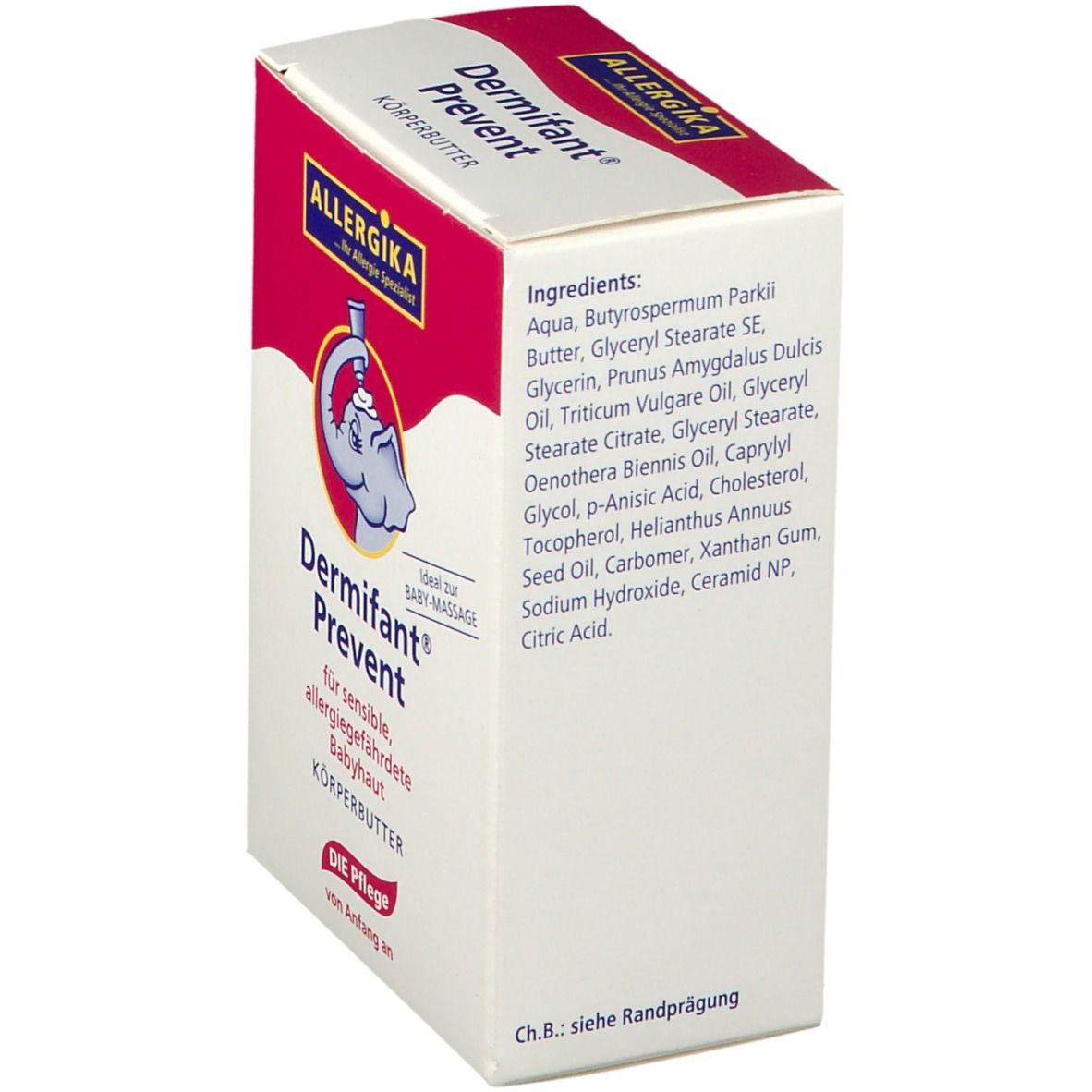 Körperbutter-Verpackung. Weiße Seite mit Inhaltsstoffen in Deutsch. Produktname und Logo sichtbar.