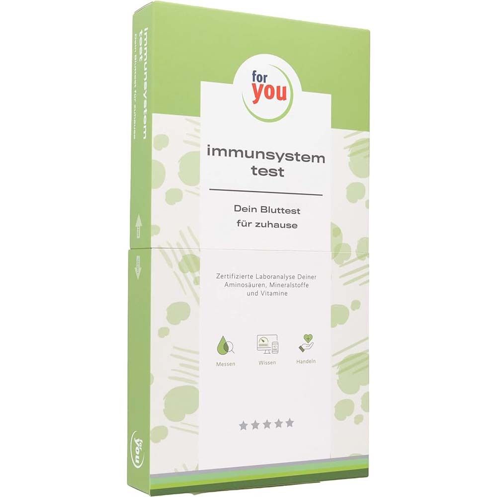 Grüne Produktverpackung mit Text: for you, immunsystem test, Dein Bluttest für zuhause. Sterne und Logos.