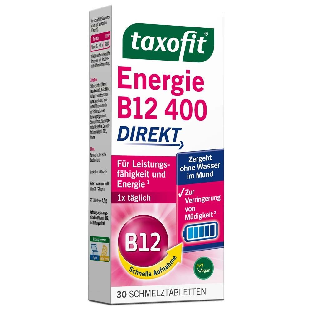 Schachtel taxofit® Energie B12 400 Direkt. Rosa-weiße Verpackung mit Produktinformationen und B12-Symbol. 30 Schmelztabletten.