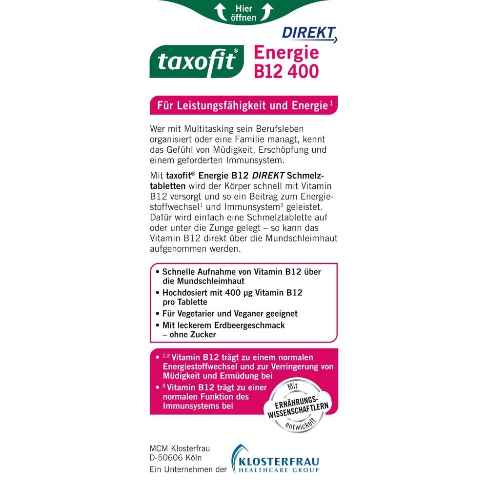 Rückseite der taxofit® Energie B12 400 Direkt Verpackung. Text mit Informationen zu Inhaltsstoffen, Anwendung und Hersteller.