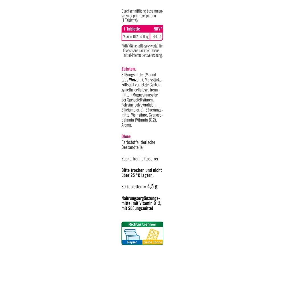 Rückseite der taxofit® Energie B12 400 Direkt Verpackung. Text mit Informationen zu Inhaltsstoffen, Anwendung und Hersteller.