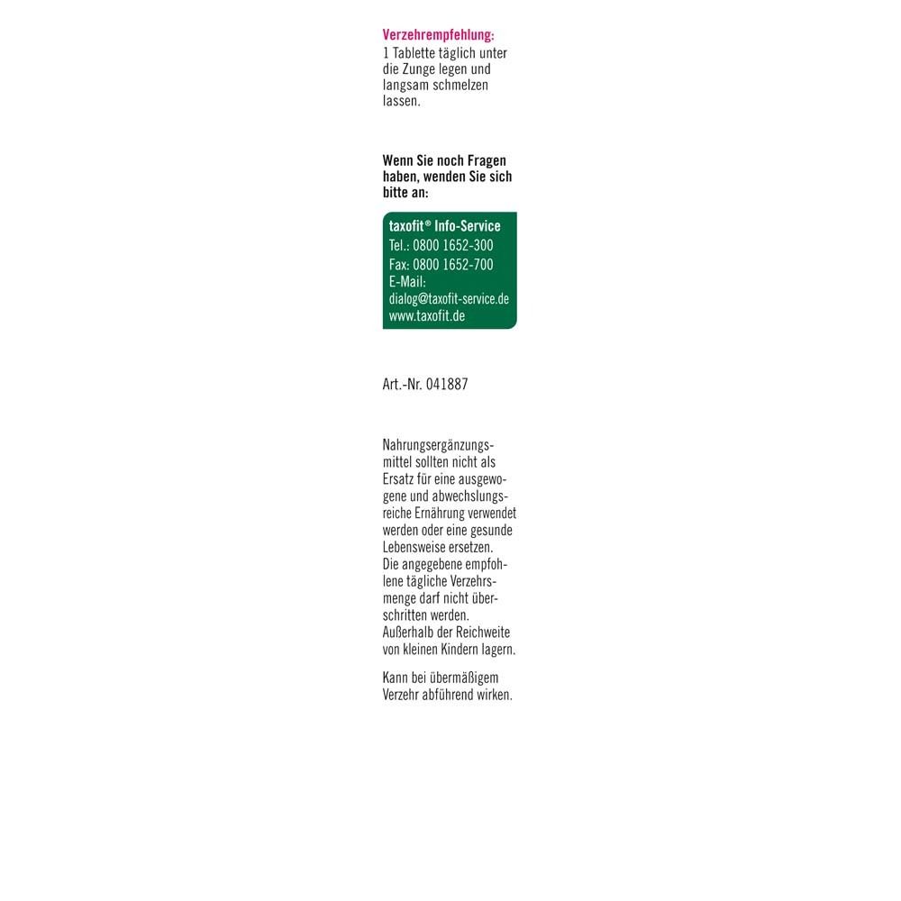 Rückseite der taxofit® Energie B12 400 Direkt Verpackung. Text mit Informationen zu Inhaltsstoffen, Anwendung und Hersteller.