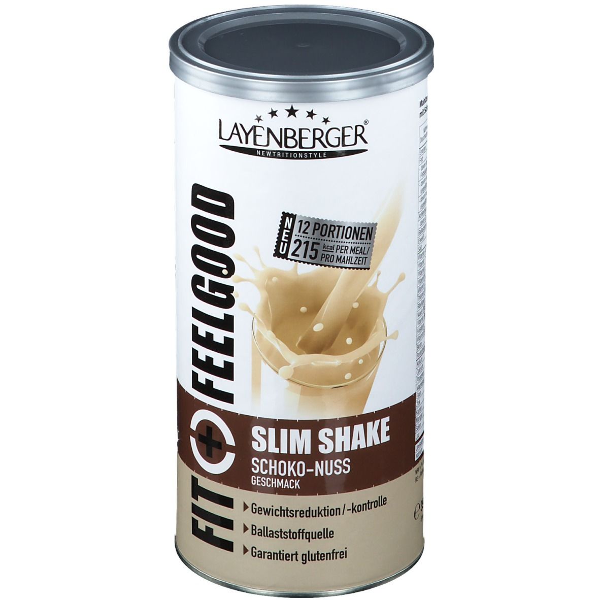Zylinderförmige Dose mit Deckel. Aufschrift: LAYENBERGER FIT+FEELGOOD Slim Shake Schoko-Nuss. 12 Portionen. Glutenfrei.