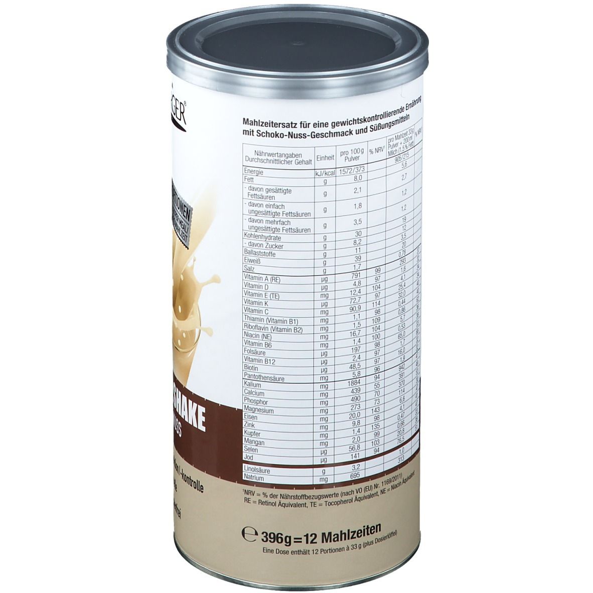 Zylinderdose mit Nährwertangaben. Aufschrift: LAYENBERGER FIT+FEELGOOD Slim Shake. Enthält Nährwerttabelle und Informationen.