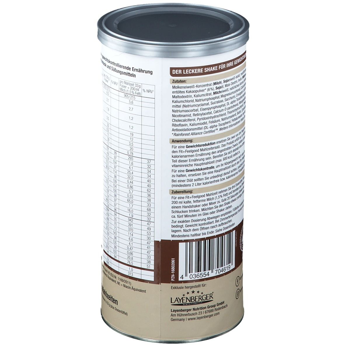 Zylinderdose mit Zutatenliste und Anwendungshinweisen. Aufschrift: LAYENBERGER FIT+FEELGOOD Slim Shake. Barcode.