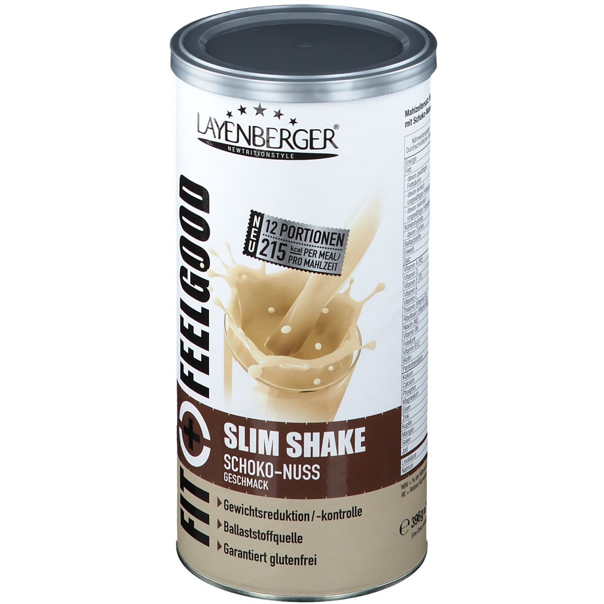 Zylinderdose mit Deckel. Aufschrift: LAYENBERGER FIT+FEELGOOD Slim Shake Schoko-Nuss. 12 Portionen. Glutenfrei.