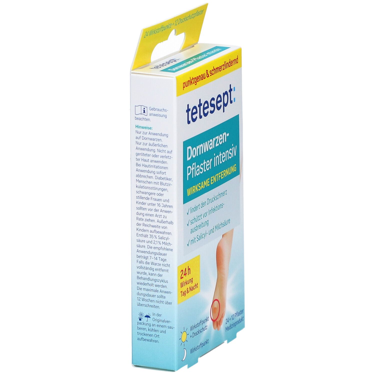 Schrägansicht der Verpackung von tetesept® Dornwarzen-Pflaster intensiv. Text und Produktabbildung mit Fuß. Gelber Aufhänger.