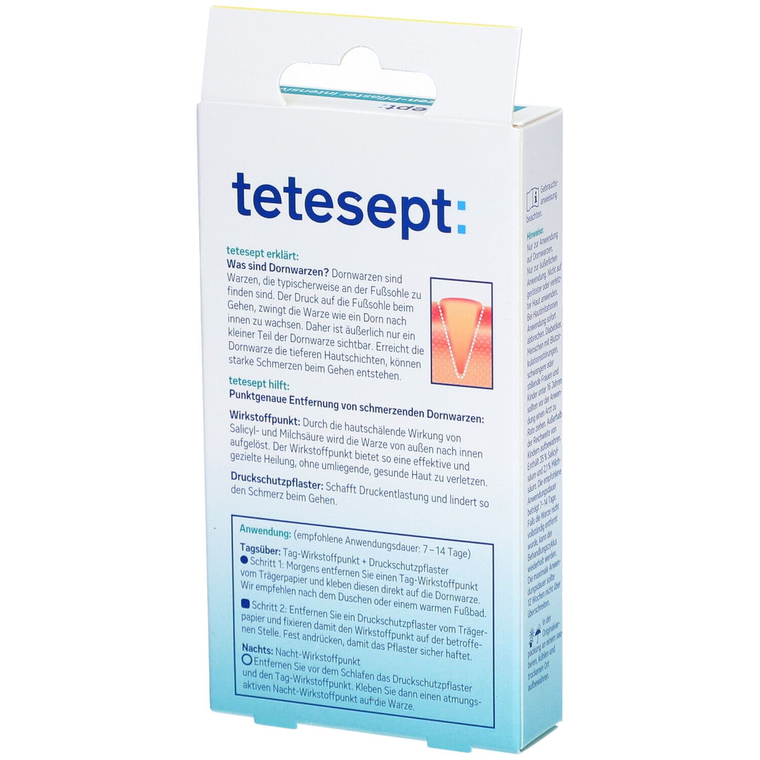 Rückseite der Verpackung von tetesept® Dornwarzen-Pflaster intensiv. Textinformationen und eine Illustration einer Warze.
