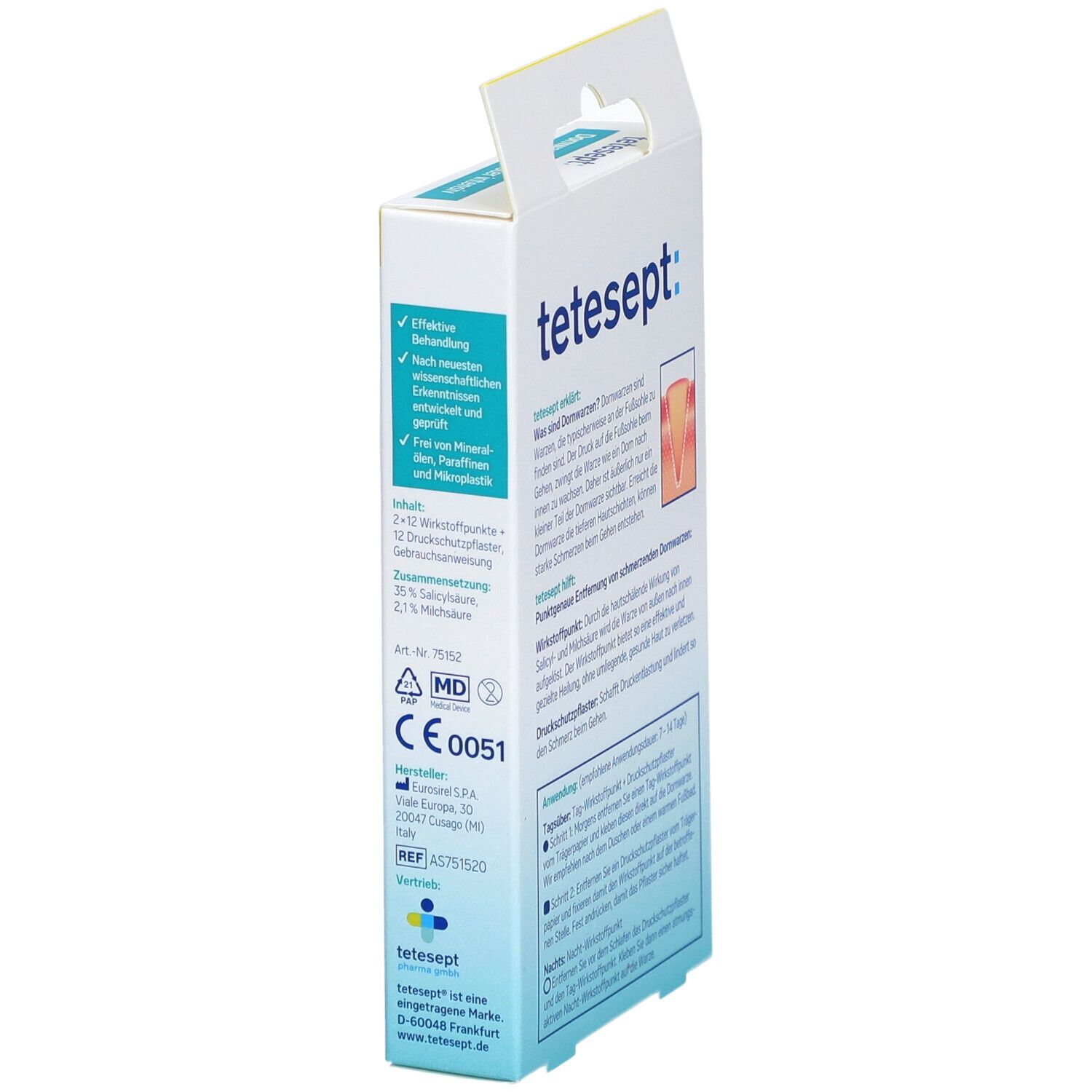 Seitenansicht der Verpackung von tetesept® Dornwarzen-Pflaster intensiv. Text, Illustration einer Warze und CE-Kennzeichnung.