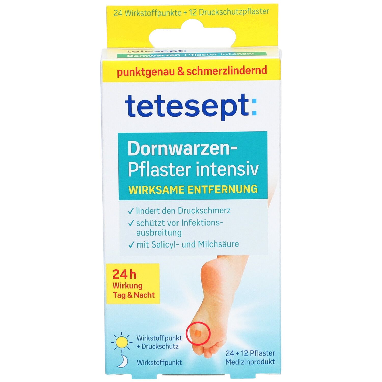 Vorderansicht der Verpackung von tetesept® Dornwarzen-Pflaster intensiv. Enthält 24 Wirkstoffpunkte und 12 Schutzpflaster. Produktabbildung.
