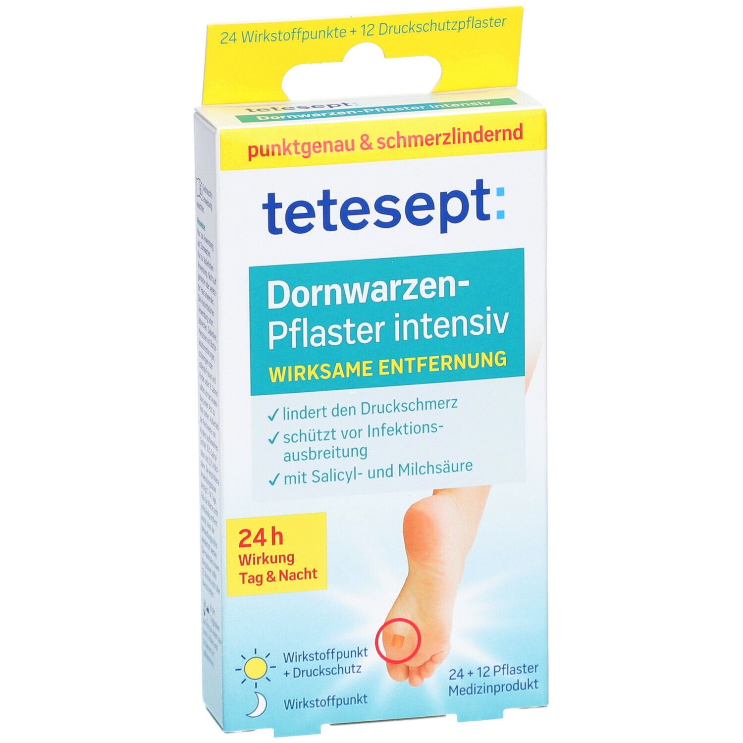 Vorderansicht der Verpackung von tetesept® Dornwarzen-Pflaster intensiv. Produktabbildung mit Fuß und hervorgehobener Warze.